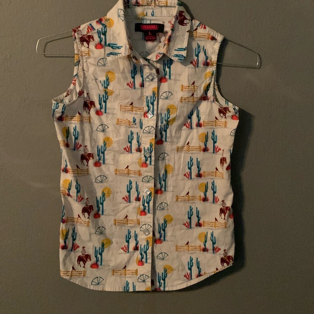 Rock&Roll Denim Sleeveless Women’s Western Style Shirt Snap Front. Sz L Slim Fit